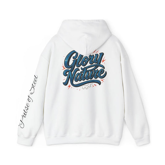 Glory Nature Hoodie — Vintage Script Back with Flaming Heart Graphic (Pulse of Steel)