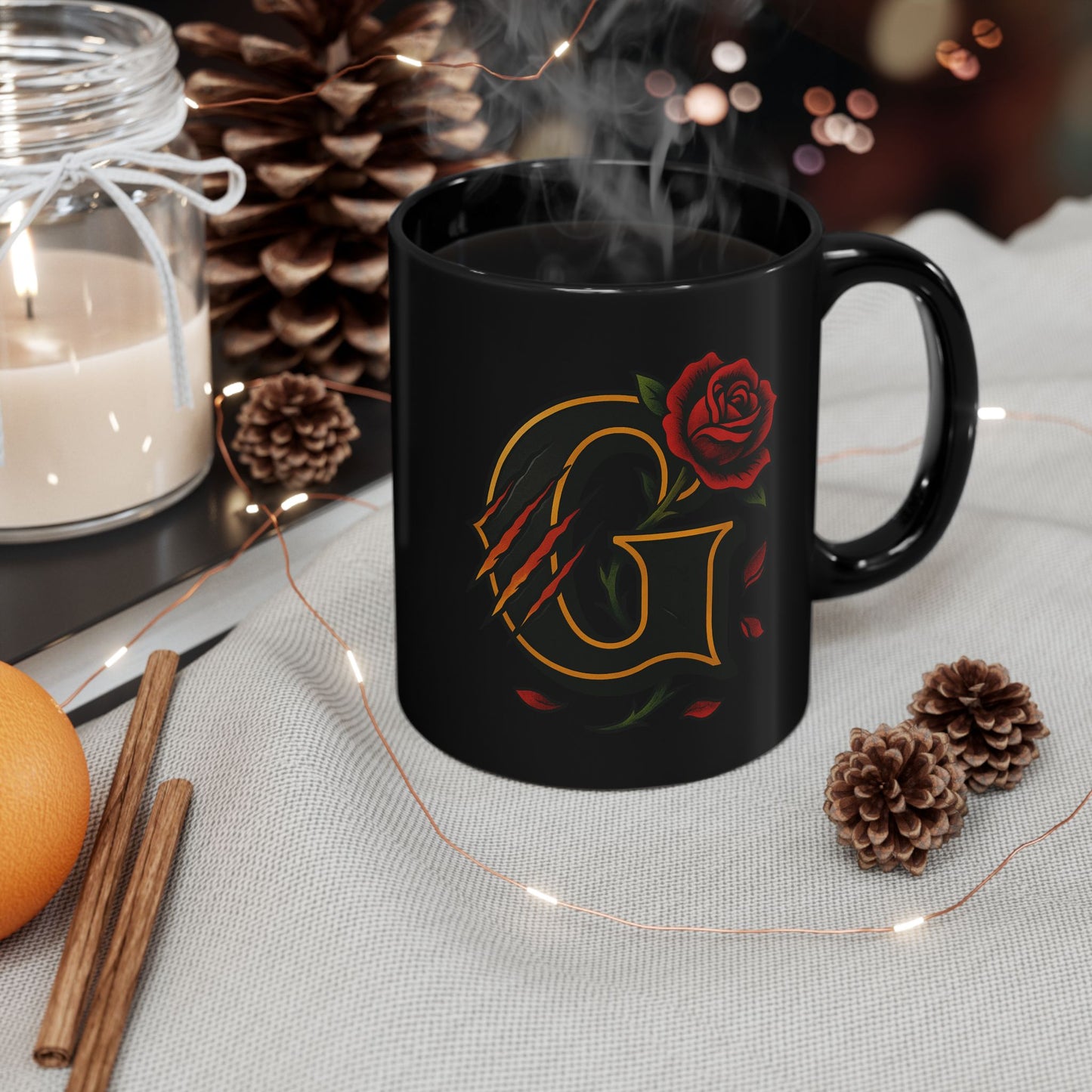 G Rose Monogram Black Mug — Elegant Floral Initial Coffee Cup (11oz & 15oz)