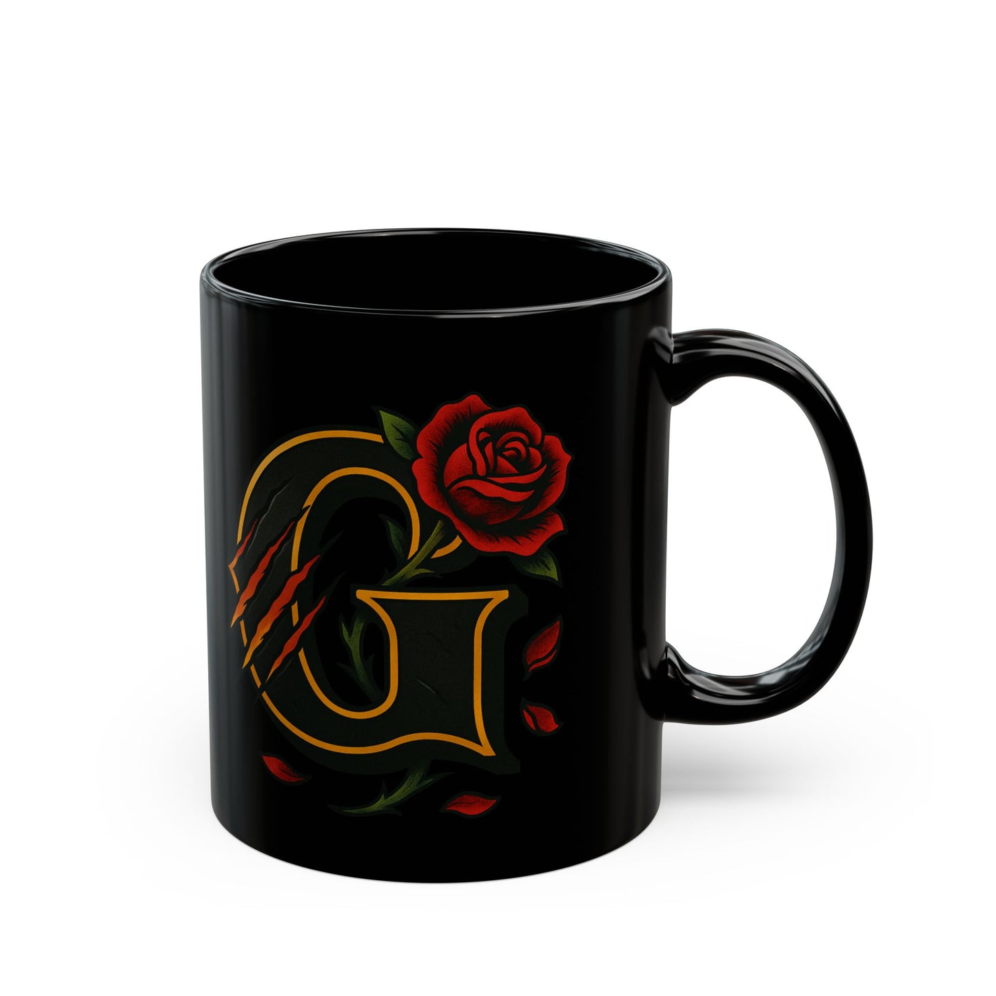 G Rose Monogram Black Mug — Elegant Floral Initial Coffee Cup (11oz & 15oz)