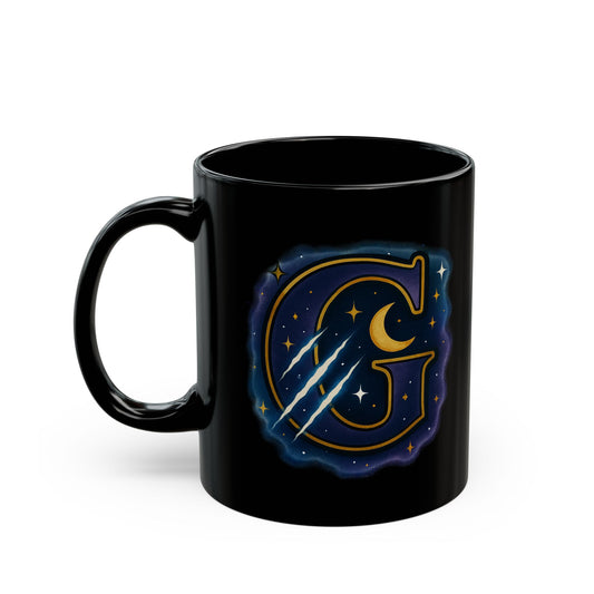 Celestial 'G' Monogram Black Mug — Starry Moon Initial Coffee Cup