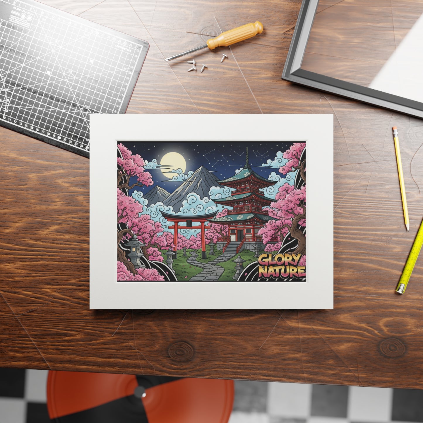 Japanese Cherry Blossom Pagoda Fine Art Print (Passepartout Frame)